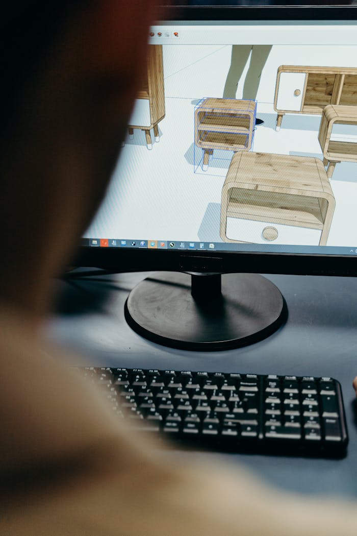Close-up of digital furniture design on a computer monitor in an office setting.